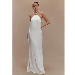 Meshki Blanche Satin Pearl Halter Maxi Dress